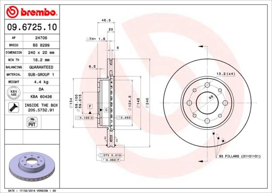 Brembo 09.6725.10 - Bremžu diski autospares.lv