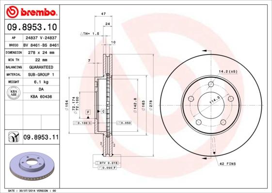 Brembo 09.8953.11 - Тормозной диск www.autospares.lv