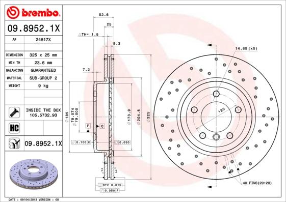 Brembo 09.8952.1X - Bremžu diski www.autospares.lv