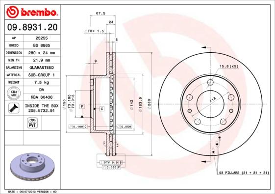 Brembo 09.8931.20 - Тормозной диск www.autospares.lv