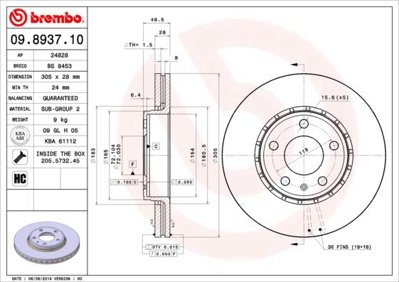 Brembo 09.8937.10 - Bremžu diski autospares.lv