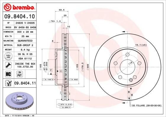 Brembo 09.8404.10 - Bremžu diski www.autospares.lv