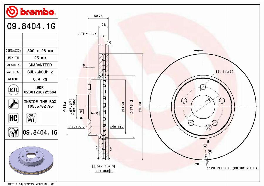 Brembo 09.8404.1G - Bremžu diski www.autospares.lv