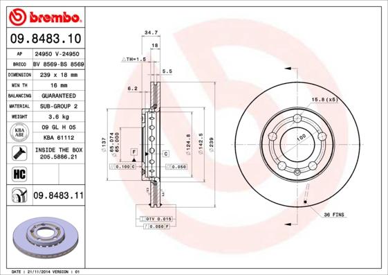 Brembo 09.8483.11 - Bremžu diski www.autospares.lv