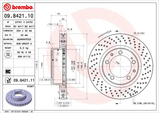 Brembo 09.8421.11 - Bremžu diski www.autospares.lv