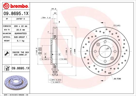 Brembo 09.8695.1X - Bremžu diski www.autospares.lv