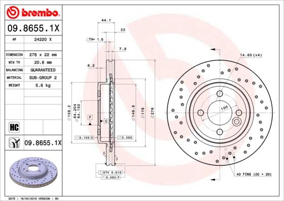 Brembo 09.8655.1X - Bremžu diski www.autospares.lv