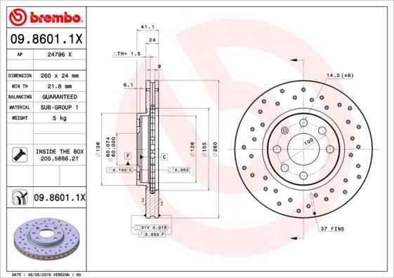 Brembo 09.8601.1X - Bremžu diski autospares.lv