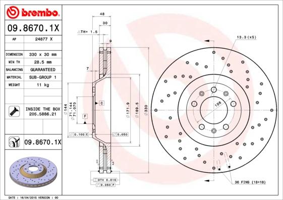 Brembo 09.8670.1X - Bremžu diski www.autospares.lv