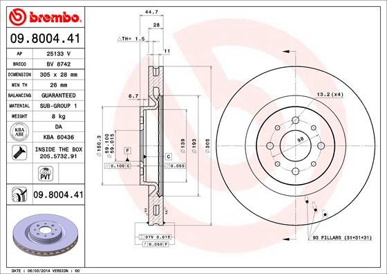 Brembo 09.8004.41 - Bremžu diski www.autospares.lv