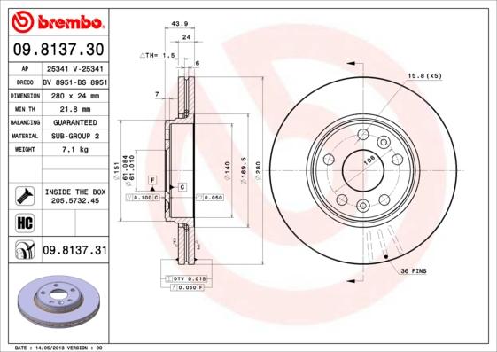 Brembo 09.8137.30 - Bremžu diski www.autospares.lv