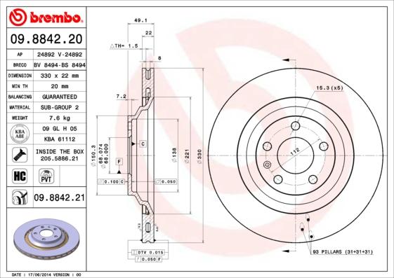 Brembo 09.8842.20 - Bremžu diski www.autospares.lv