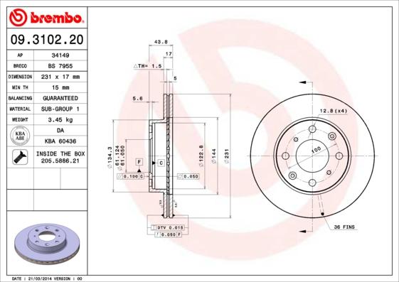 Brembo 09.3102.20 - Bremžu diski www.autospares.lv