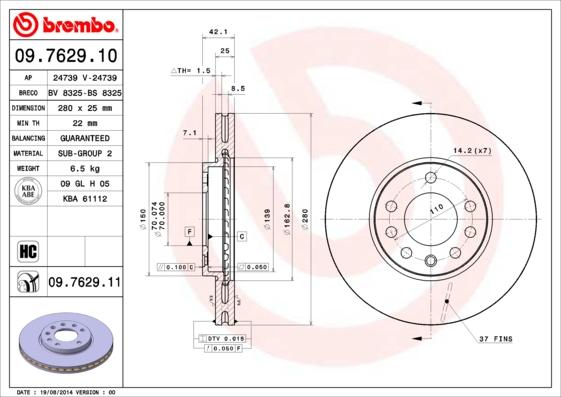 Brembo 09.7629.11 - Bremžu diski autospares.lv