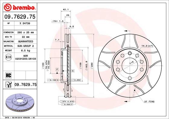 Brembo 09.7629.75 - Bremžu diski autospares.lv