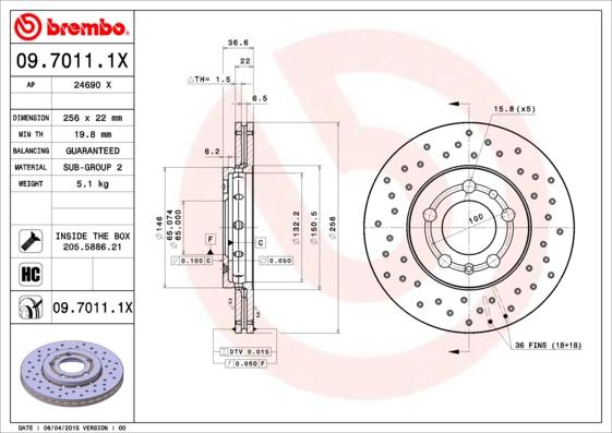 Brembo 09.7011.1X - Тормозной диск www.autospares.lv