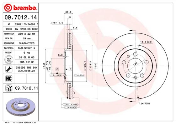 Brembo 09.7012.14 - Bremžu diski www.autospares.lv