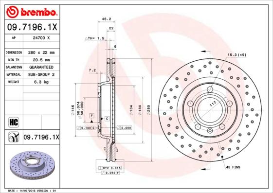 Brembo 09.7196.1X - Bremžu diski www.autospares.lv