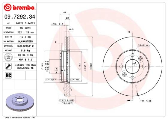 Brembo 09.7292.34 - Bremžu diski autospares.lv