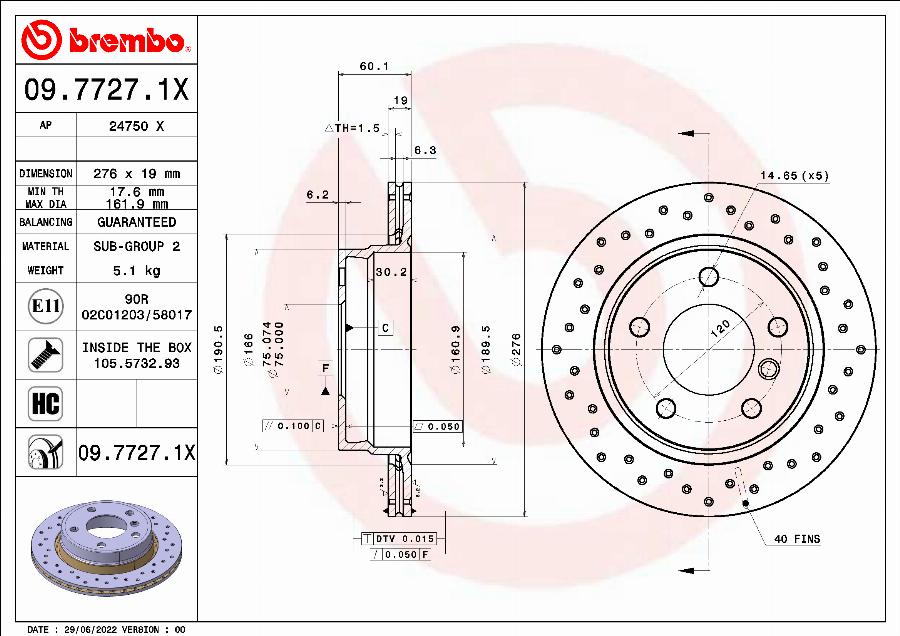 Brembo 09.7727.1X - Bremžu diski autospares.lv