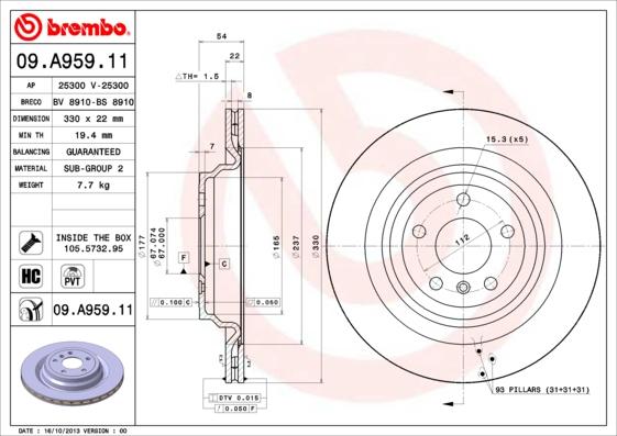 Brembo 09.A959.11 - Bremžu diski www.autospares.lv