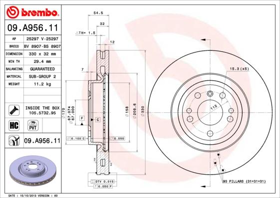 Brembo 09.A956.11 - Bremžu diski www.autospares.lv