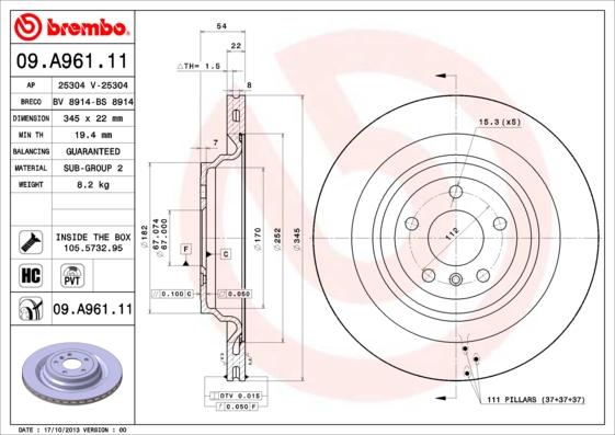 Brembo 09.A961.11 - Bremžu diski www.autospares.lv