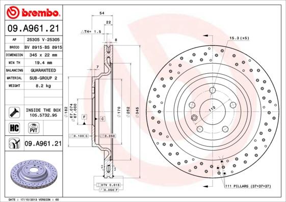 Brembo 09.A961.21 - Bremžu diski www.autospares.lv