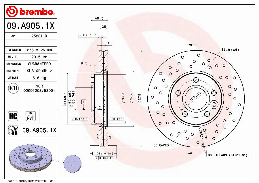 Brembo 09.A905.1X - Bremžu diski www.autospares.lv