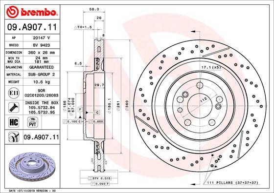 Brembo 09.A907.11 - Bremžu diski www.autospares.lv