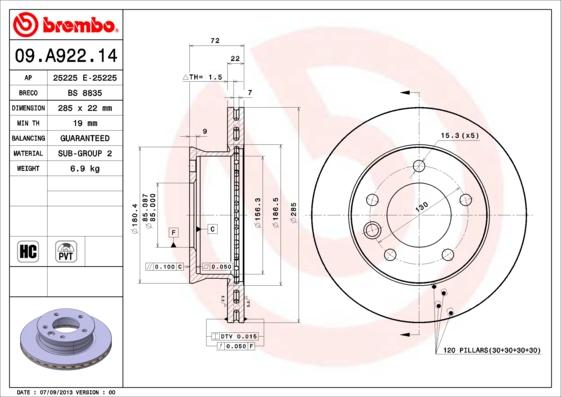 Brembo 09.A922.14 - Bremžu diski www.autospares.lv