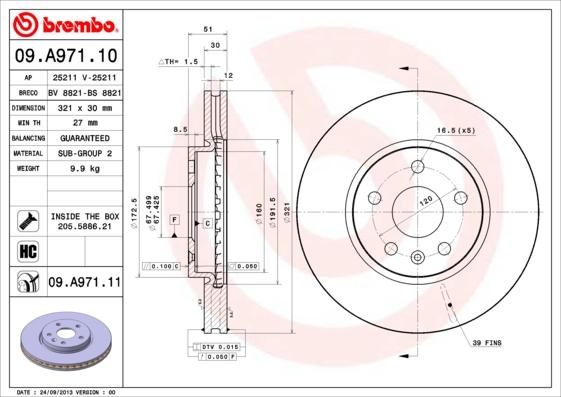 Brembo 09.A971.10 - Bremžu diski autospares.lv