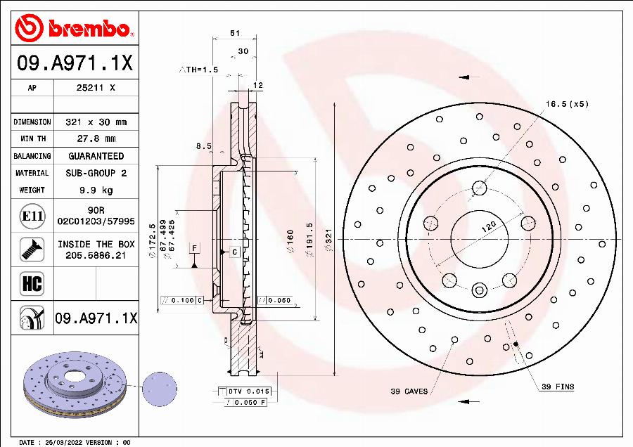 Brembo 09.A971.1X - Bremžu diski autospares.lv