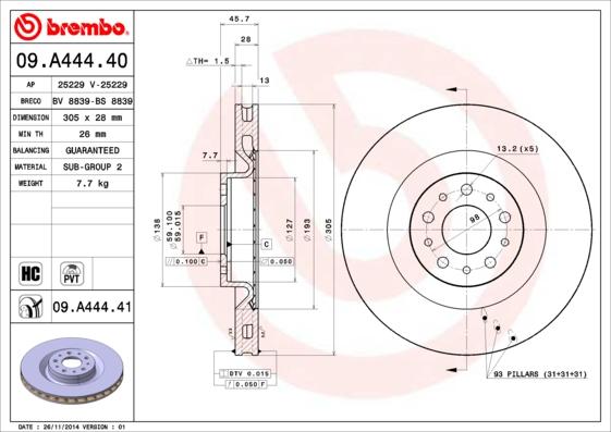 Brembo 09.A444.40 - Bremžu diski www.autospares.lv