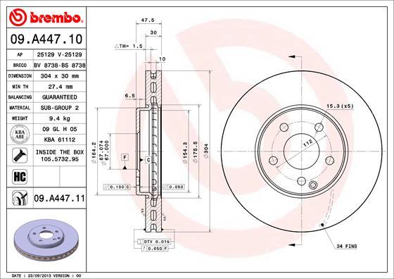 Brembo 09.A447.11 - Bremžu diski www.autospares.lv