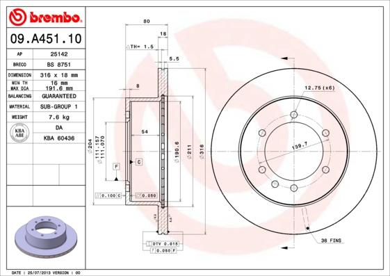 Brembo 09.A451.10 - Bremžu diski www.autospares.lv