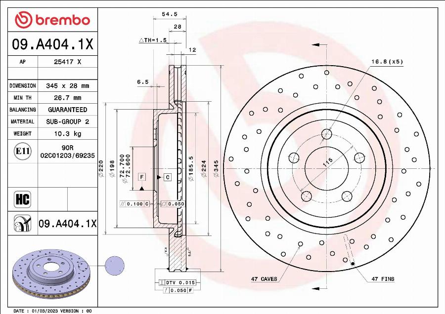 Brembo 09.A404.1X - Bremžu diski www.autospares.lv