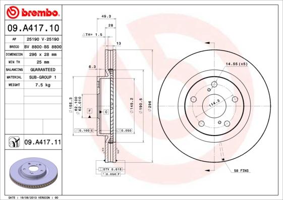 Brembo 09.A417.10 - Bremžu diski autospares.lv