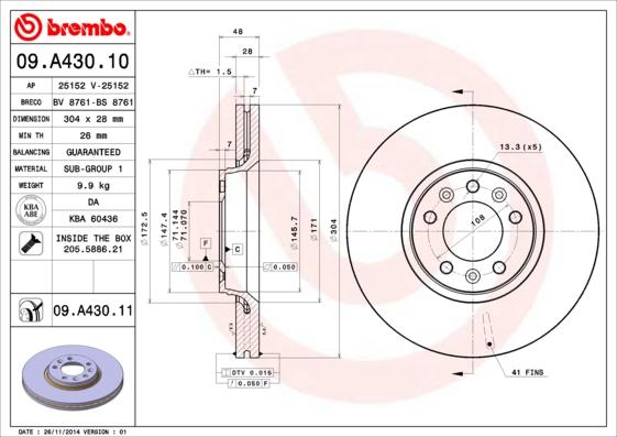 Brembo 09.A430.11 - Bremžu diski autospares.lv