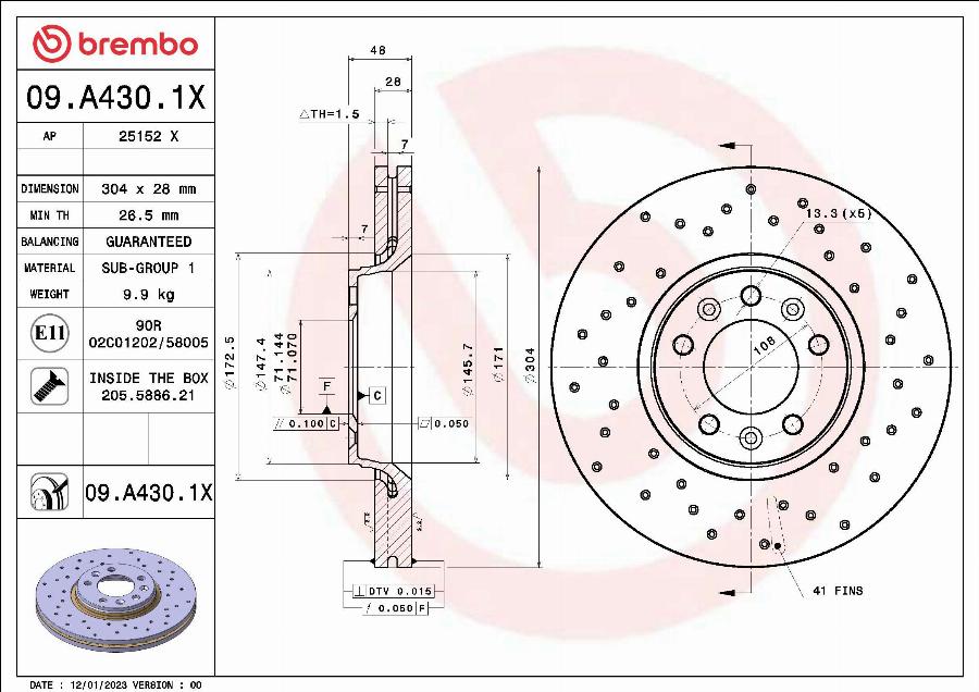 Brembo 09.A430.1X - Bremžu diski www.autospares.lv