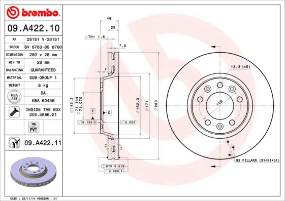 Brembo 09.A422.10 - Brake Disc www.autospares.lv