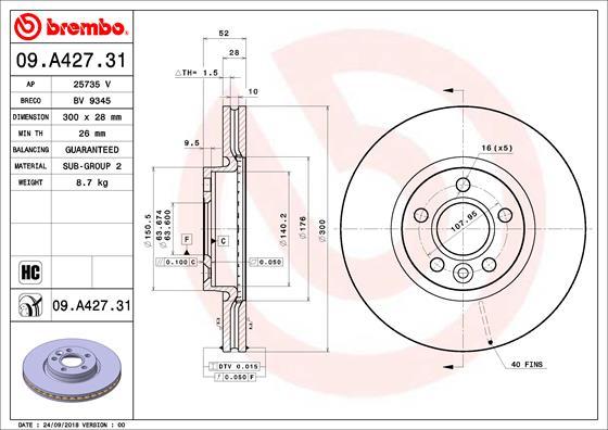 Brembo 09.A427.31 - Bremžu diski www.autospares.lv