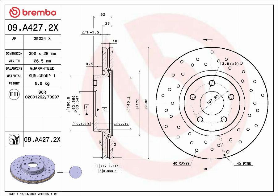 Brembo 09.A427.2X - Bremžu diski www.autospares.lv