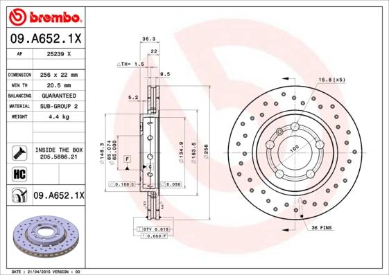 Brembo 09.A652.1X - Тормозной диск www.autospares.lv