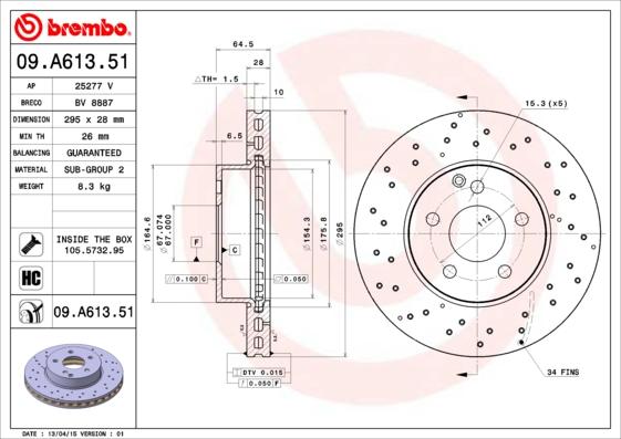 Brembo 09.A613.51 - Bremžu diski www.autospares.lv