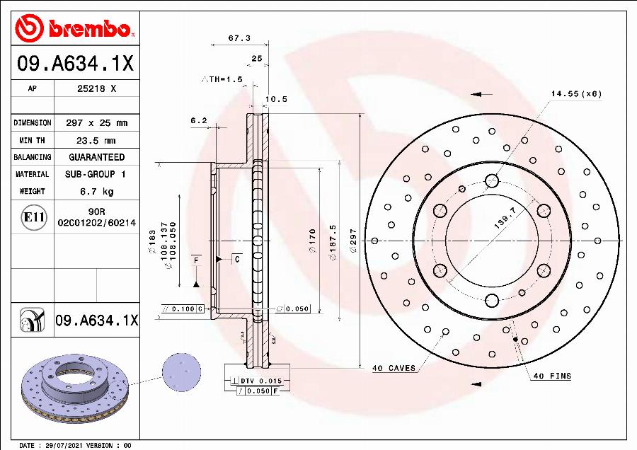 Brembo 09.A634.1X - Bremžu diski www.autospares.lv