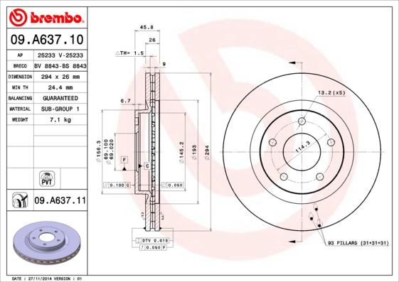 Brembo 09.A637.10 - Bremžu diski www.autospares.lv