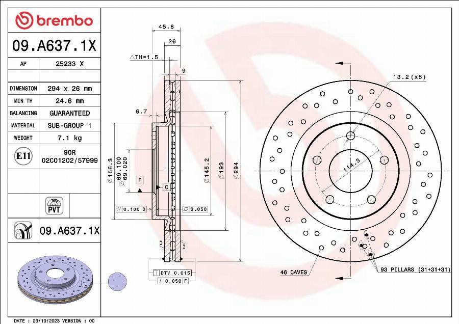 Brembo 09.A637.1X - Bremžu diski www.autospares.lv