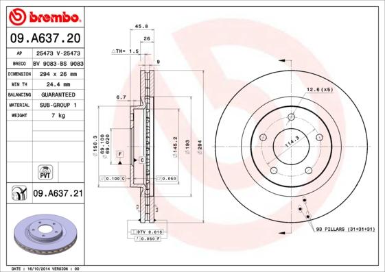 Brembo 09.A637.20 - Bremžu diski www.autospares.lv