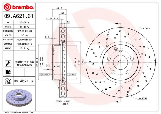 Brembo 09.A621.31 - Bremžu diski www.autospares.lv